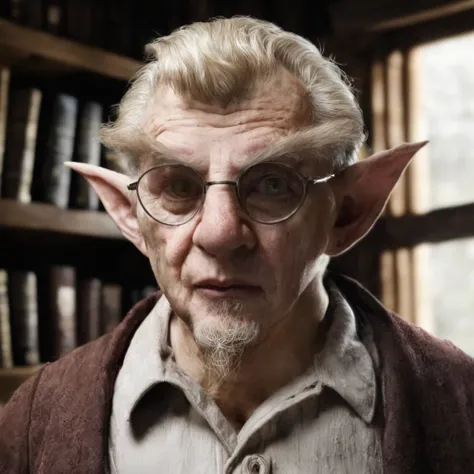 (masterpiece)+, (extremely (realistic)+,a portrait of an ugly mature male gnome librarian, wearing glasses, sand blond hair, child-like facial features, long brush linke brows, goat beard, pointy ears, small chin, big eyes, annoyed stare. Looking in camera...