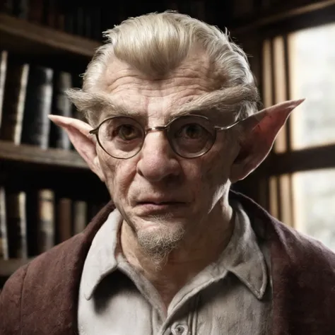 (masterpiece)+, (extremely (realistic)+,a portrait of an ugly mature male gnome librarian, wearing glasses, sand blond hair, child-like facial features, long brush linke brows, goat beard, pointy ears, small chin, big eyes, annoyed stare. Looking in camera...