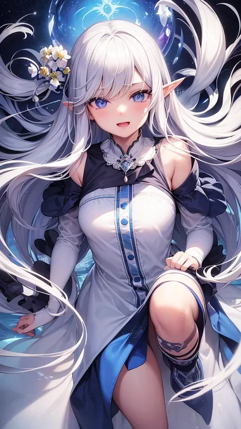 
((Highest quality)), ((masterpiece)), (detailed), One girl, Streaming portrait、Silver hair straight long hair、Half Up、Parallel thin eyebrows、Double droopy eyes、Thin lips、Small nose、Blue Eyes、Long eyelashes、Delicate appearance、Illustration seen from the fr...