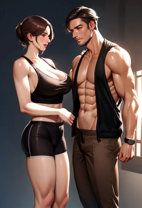 American mans gym wears a full tank top , brawny, height 190 cm, big shoulders, perfect figure beautiful woman:1.4, thin abs:1.1, ((dark brown hair,No leaking big breasts:1.3 )),Large, muscular feet, (Detalhe do Draw Eye), (hentail realism), body full of s...