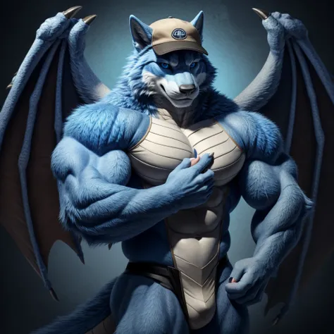 Masterpiece, Solo, Furry Light Blue Wolf, Light Blue Fur,Dark Blue Eyes, Dragon Wings, huge body, Muscular Body, Cool Pose, Charming, Handsome, Good Looking, cap, holding cat ,