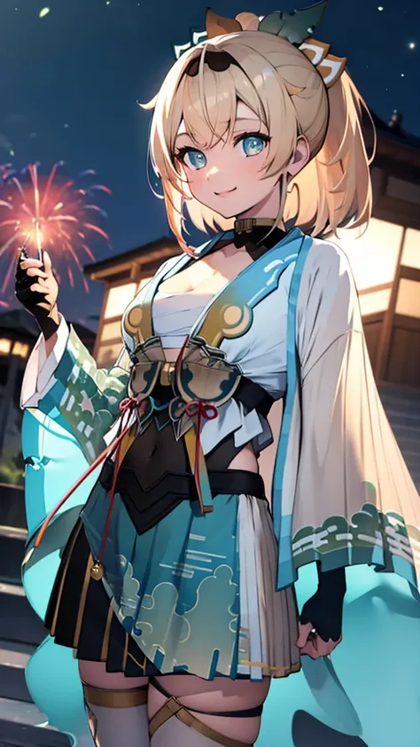 (masterpiece, Highest quality, Super detailed),One girl,((super fine illustration)),((cute eyes,highly detailed skin)),((smile)),(well endowed,Blessed,Captivating body、Detailed Background)、(yukata:1.5),firework,(大量のfirework,Night view,Ocean)、Festivals、1gir...