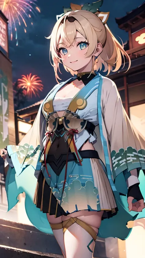 (masterpiece, Highest quality, Super detailed),One girl,((super fine illustration)),((cute eyes,highly detailed skin)),((smile)),(well endowed,Blessed,Captivating body、Detailed Background)、(yukata:1.5),firework,(大量のfirework,Night view,Ocean)、Festivals、1gir...