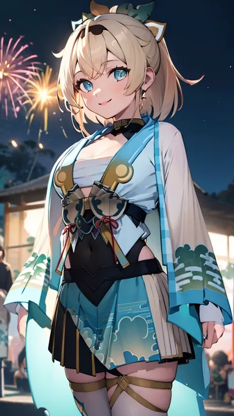 (masterpiece, Highest quality, Super detailed),One girl,((super fine illustration)),((cute eyes,highly detailed skin)),((smile)),(well endowed,Blessed,Captivating body、Detailed Background)、(yukata:1.5),firework,(大量のfirework,Night view,Ocean)、Festivals、1gir...