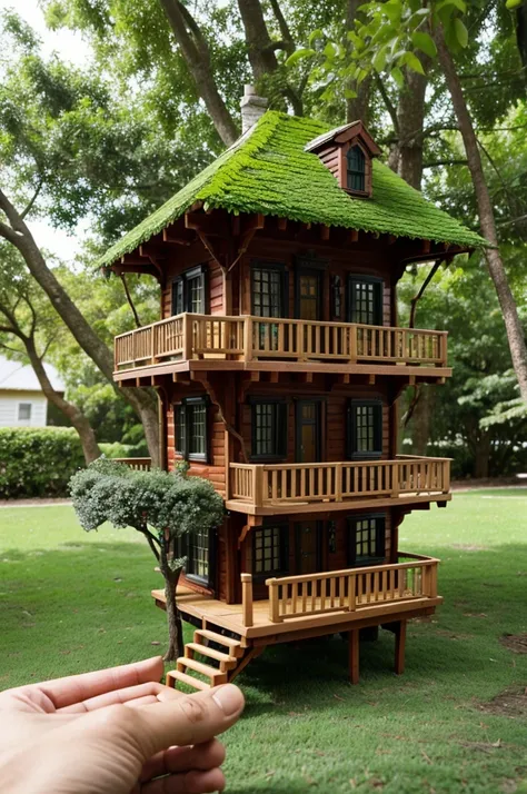 A miniature house on a tree