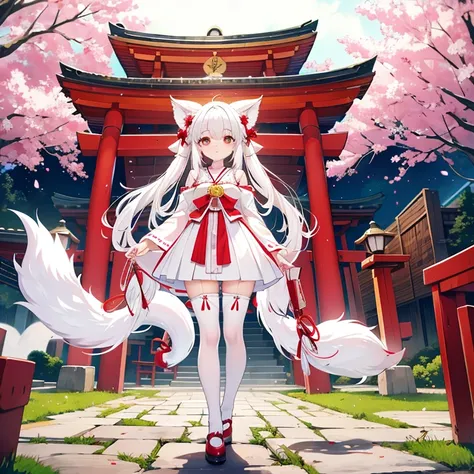 white hair，Double tail，white pantyhose，Big ，shrine maiden costume，cute，Perfect body，loli，Nine-Tailed Fox