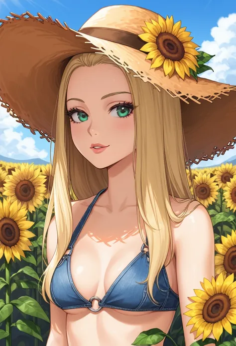 sunflower, long blonde hair, shaved ice, straw hat