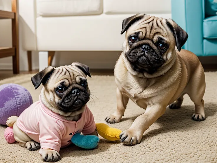 Playing with toys: A scene of a pug playing with a colorful stuffed toy by biting and pulling it。Waving his tail happily、It&#39;s heartwarming to see them playing so energetically.。