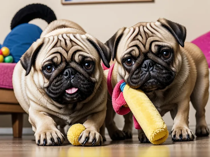 Playing with toys: A scene of a pug playing with a colorful stuffed toy by biting and pulling it。Waving his tail happily、It&#39;s heartwarming to see them playing so energetically.。