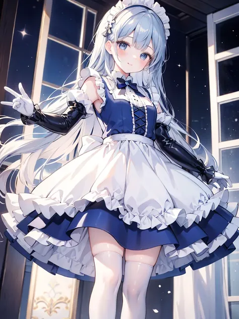 best quality,masterpiece,detailed face, uncensored, 1girl, solo focus, smile, blush, solo, in room, full body, standing, window, 
 lil_rg, dark blue hair, long hair,low tied hair, forehead, blue eyes, maid, maid headdress, dark blue dress, puffy sleeves, e...