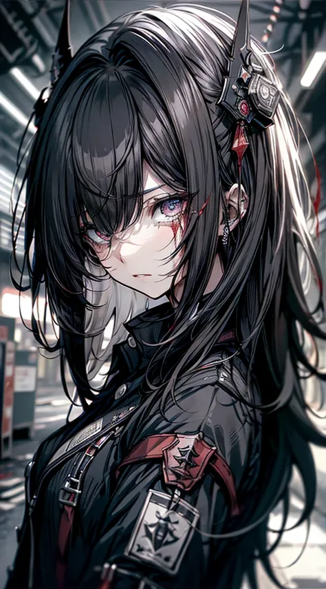 Tears of blood flow from the eyes、cadaver、Covered in blood、Blood splatter、Dark shades、Red tint、squint、Stranger、See others、Ahegao , Stupid,Sexual Ecstasy,Drunk Eyes,Blunt bangs, Black Hair, (Beautiful, detailed eyes: 1.2), (Detailed Background,Dark fantasy)...