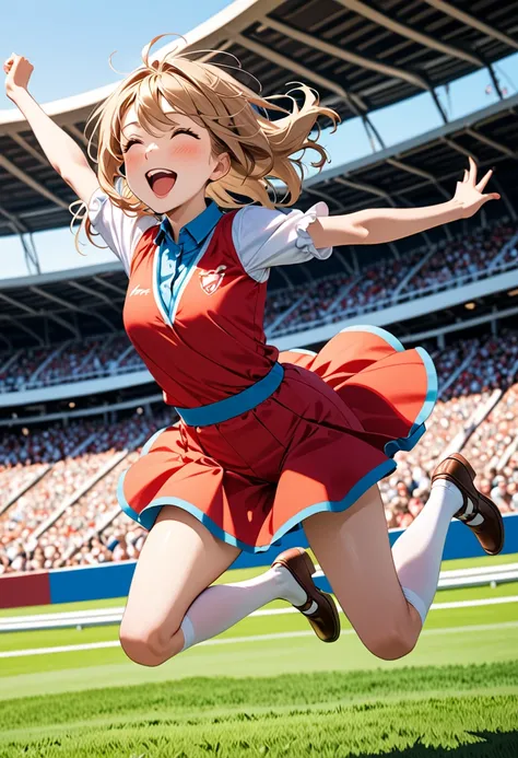 A young girl jumps for joy at winning