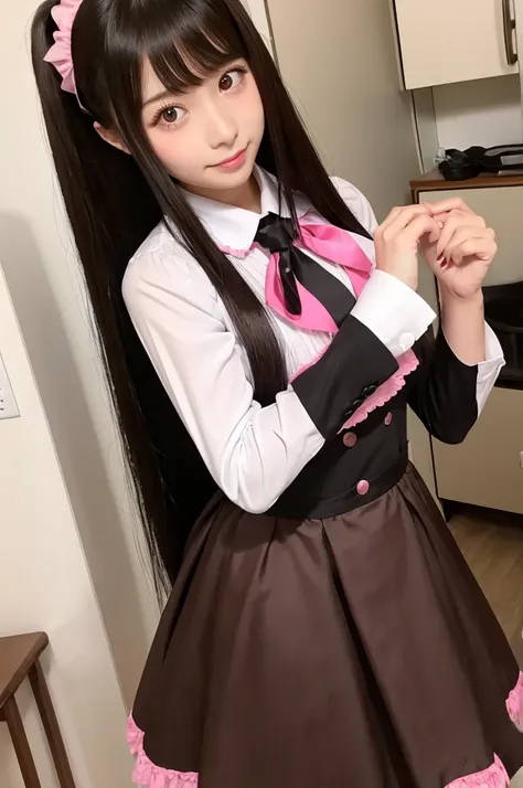 A high school girl dressed as a black and pink maid　With dark hair、Long straight hair、The eyes are large and brown。Cute Asian Stylish、