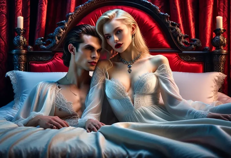 (masterpiece, 8K, UHD, RAW), A sexy blonde girl kissing a evil vampire in bed, (((a beautiful young woman riding on top of one huge horrific vampire))), (she rides the male vampire with lustful femininity), her beautiful body is covered by a sheer transluc...