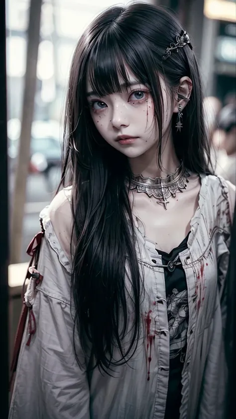 Tears of blood flow from the eyes、cadaver、Covered in blood、Blood splatter、Dark shades、Red tint、squint、Stranger、See others、Ahegao , Stupid,Sexual Ecstasy,Drunk Eyes,Blunt bangs, Black Hair, (Beautiful, detailed eyes: 1.2), (Detailed Background,Dark fantasy)...