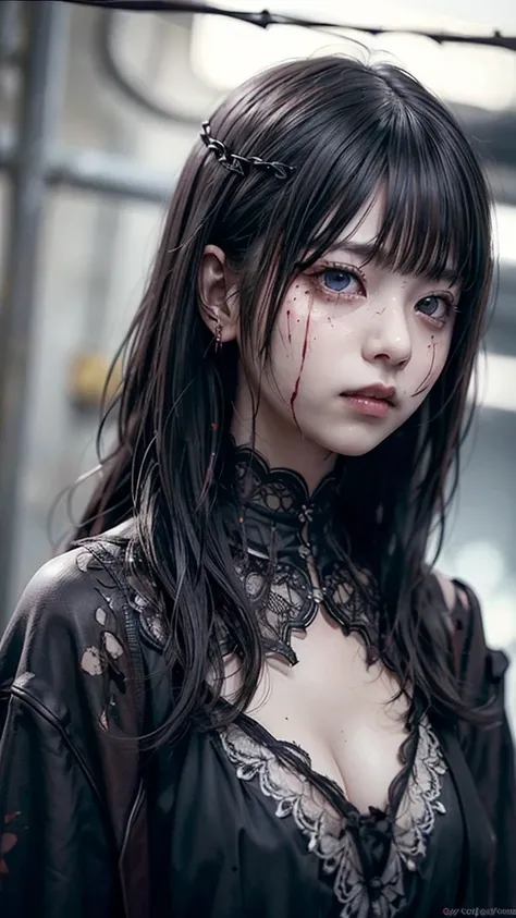 Tears of blood flow from the eyes、cadaver、Covered in blood、Blood splatter、Dark shades、Red tint、squint、Stranger、See others、Ahegao , Stupid,Sexual Ecstasy,Drunk Eyes,Blunt bangs, Black Hair, (Beautiful, detailed eyes: 1.2), (Detailed Background,Dark fantasy)...