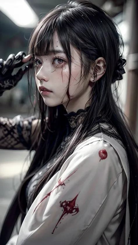 Tears of blood flow from the eyes、cadaver、Covered in blood、Blood splatter、Dark shades、Red tint、squint、Stranger、See others、Ahegao , Stupid,Sexual Ecstasy,Drunk Eyes,Blunt bangs, Black Hair, (Beautiful, detailed eyes: 1.2), (Detailed Background,Dark fantasy)...