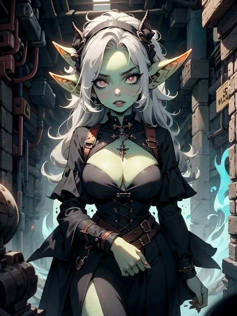 high-quality, ultra-detailed, white hair, long disheveled hair, colored skin, ((gray skin)) red eyes, glowing eyes, underground scene, large_breast, elf ears, pointed ears, blue aura, monster girl, monster girl, goth girl, goth makeup, pawg, tomboy, Dark, ...