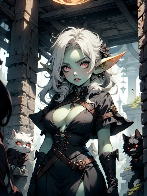 high-quality, ultra-detailed, white hair, long disheveled hair, colored skin, ((gray skin)) red eyes, glowing eyes, underground scene, large_breast, elf ears, pointed ears, blue aura, monster girl, monster girl, goth girl, goth makeup, pawg, tomboy, Dark, ...