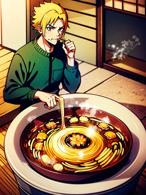 Anime screencap, anime style, anime scene, Naruto Uzumaki slurps noodles into his mouth, broth dripping down his chin as he savors the flavor. He sits at a small table outside a run-down ramen shack, steam rising from the steaming bowl. 