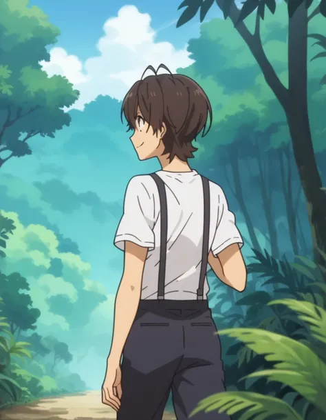 score_9, score_8_up, score_7_up, score_6_up, source anime, anime screencap, anime coloring, miwa, suspenders, jungle, trail, looking back, walking, smile, from behind,