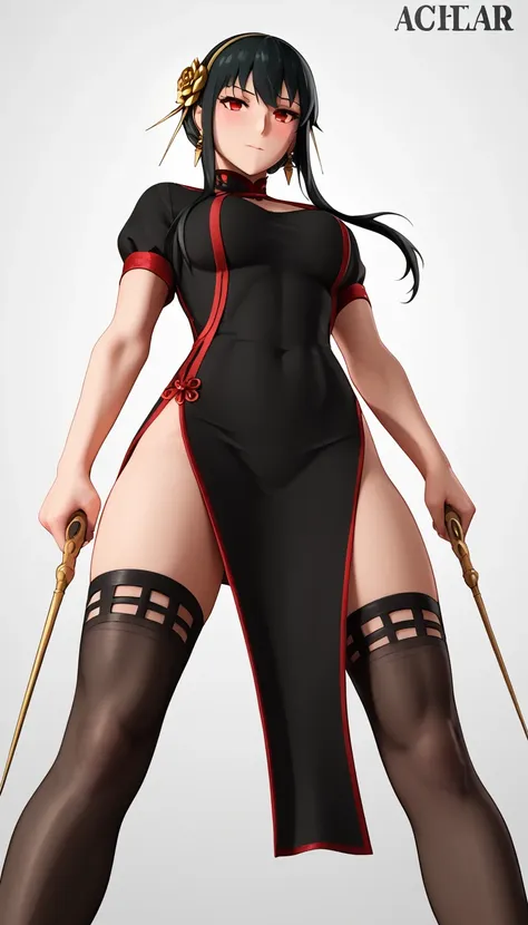 xuer yor forger,1girl,yor briar,solo,dual wielding,red eyes,holding,dress,thighhighs,black hair,jewelry,black dress,earrings,bla...