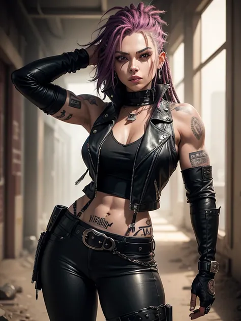 In the Wasteland, 25 year old woman in wolf style, from DC comics, with dreadlocks, intergalactic anti-heroine, known for her cruelty and sarcastic behavior.. He is depicted as an alien humanoid with pale white skin.., long black dreadlocks, and super musc...