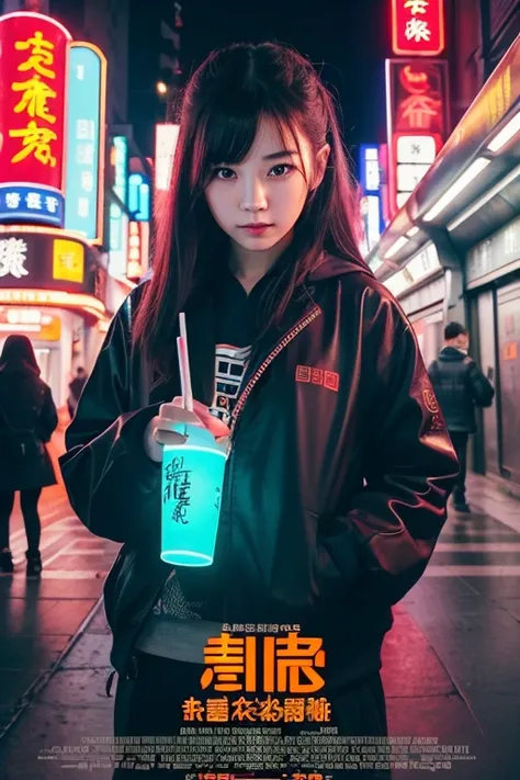 (Highest quality, Movie Poster Style), Beautiful woman (One of my eyes is red:1.2),(How to write Chinese characters with meaning:1.1), Combine elements perfectly.18-year-old、Cute Girls、cyber punk、subway、Underground、Street fashion、neon