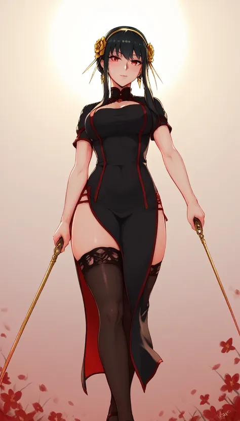 xuer yor forger,1girl,yor briar,solo,dual wielding,red eyes,holding,dress,thighhighs,black hair,jewelry,black dress,earrings,bla...