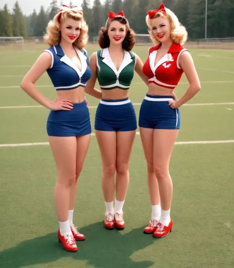 Vintage-style sexy cheerleaders at camp, in pin-up poses with retro uniforms and vibrant colors, big breasts 