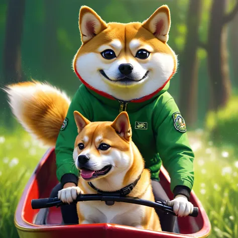 pepe the frog, riding a shiba inu dog, detailed intricate digital art, highly detailed, 4k, 8k, hyperrealistic, photorealistic, ...