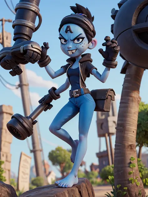 nina cortex, short black hair, blue skin, freckles, black eyes, buck teeth, mechanical gloves, forehead mark n, barefoot, five-toed feet, soles,