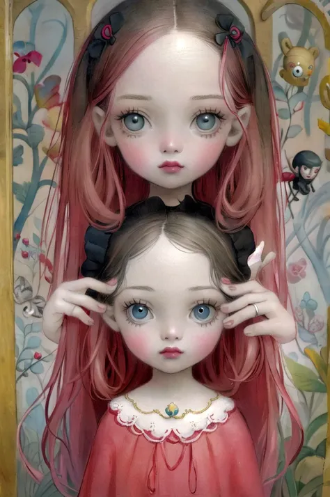 ((masterpiece)), (best quality), official art, in style of Nicoletta Ceccoli, 
, 
 . blythe doll Red Color straight hair, hazel eyes and with a ring in the nose, and a black top 