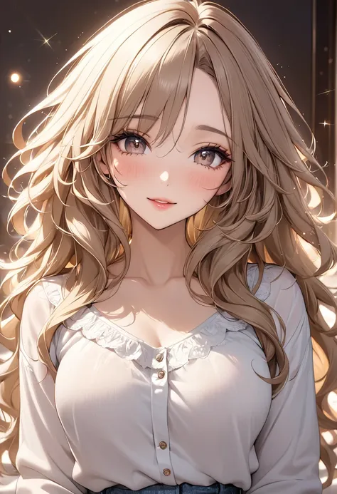 best quality, super fine, 16k, incredibly absurdres, extremely detailed, 2.5D, delicate and dynamic depiction, beautiful woman, amorous and lewd expression, light brown messy wavy hair, make-up, casual clothes, long skirt, sparkly fluffy effect, portraits,...