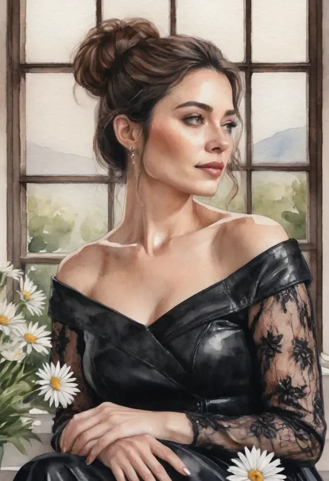 A watercolor illustration, a woman with dark brown hair is captured in a detailed close-up shot, seated on a window ledge. shes dressed in a black lace dress, adorned with long sleeves and a high neckline. her dark brown hair is gathered into a messy bun, ...