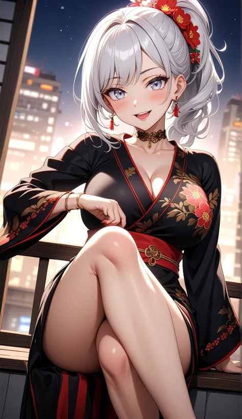 ((One personの女性)), Beautiful Face, (Laughing embarrassedly), (naughty face:1.3),((Wink:1.7)), (head tilt:1.3), upper teeth,Laugh with your mouth wide open,((Bright red cheeks:1.4)), Glossy red lips, ((crossed legs:1.4)), Shining Face, Touching hair with ha...