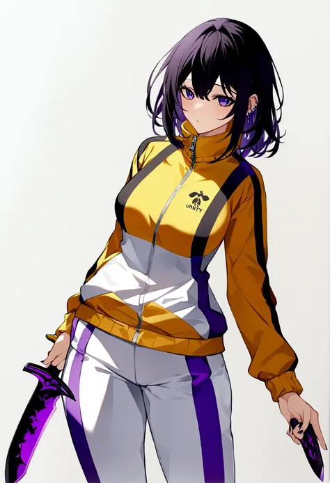 (extremely detailed CG unity 8k wallpaper), One girl, piercing purple irises, yellow tracksuit jacket, over the mouth high collar tracksuit, knife in hand, medium chest, white pants with purple accents, best quality, long black hair streaked with purple st...