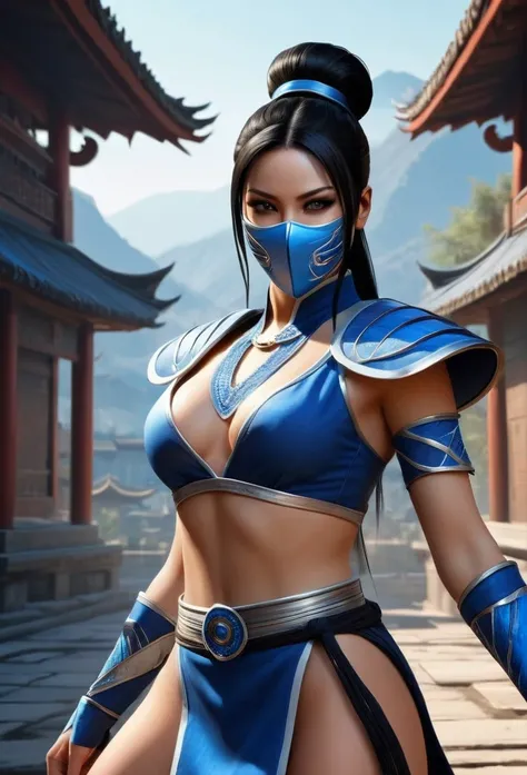 /imagine prompt: Generate an image of the character Kitana from the video game Mortal Kombat::3 with the classic outfit:: --quality .5 --stylize 50, mouth mask, black eyes, long black hair, ponytail, alone, sun , blue sky, extremely detailed and beautiful,...