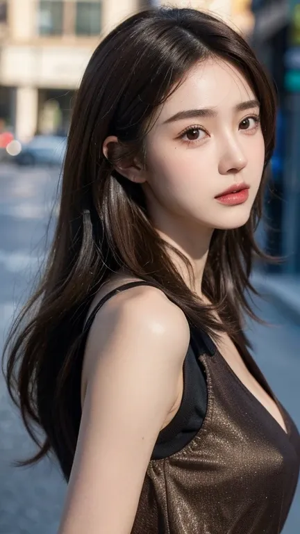 ((best quality, 8K, masterpiece :1.3)), whole body, Clear focus: 1.2, A girl，20 years old，Perfect face shape，Beautiful face shape，Perfect body beauty: 1.4, Slim abdominal muscles: 1.2, ((Dark brown hair, : 1.2)), Vest Dress: 1.1, (street: 1.3), Highly deta...