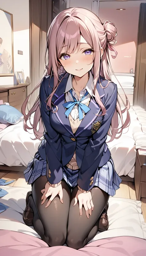 anime girl sitting on a bed with her legs crossed