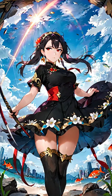 xuer yor forger,1girl,yor briar,solo,dual wielding,red eyes,holding,dress,thighhighs,black hair,jewelry,black dress,earrings,bla...