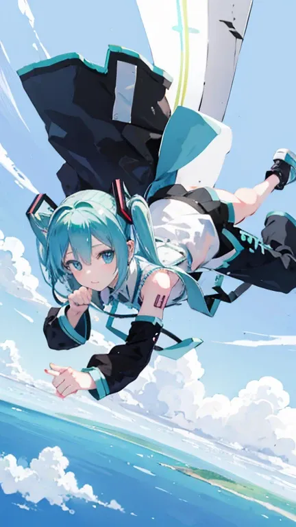 Hatsune Miku skydiving with a bird in the air