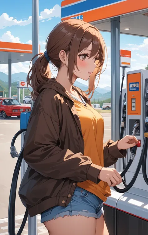 masterpiece, {Highest quality}, {{masterpiece}}, {High resolution}, Girl working at a gas station