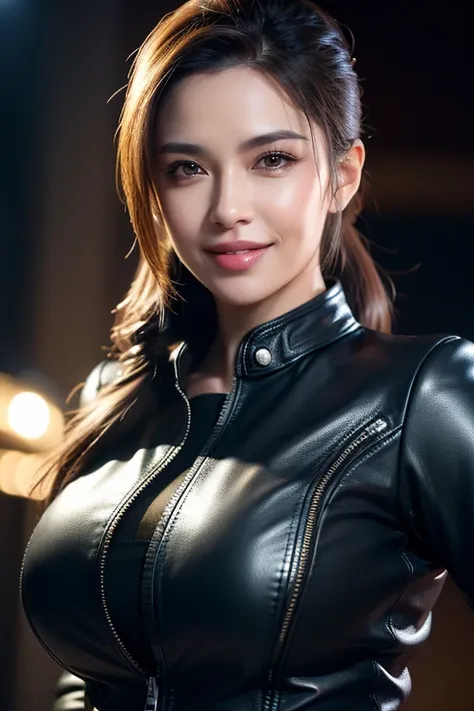 a gorgeous middle-aged busty woman, ponytail, leather jacket, lady bikers, beautiful smile showing teeth, pov, lover, cinematic lighting, (best quality,4k,8k,highres,masterpiece:1.2),ultra-detailed,(realistic,photorealistic,photo-realistic:1.37),HDR,UHD,st...