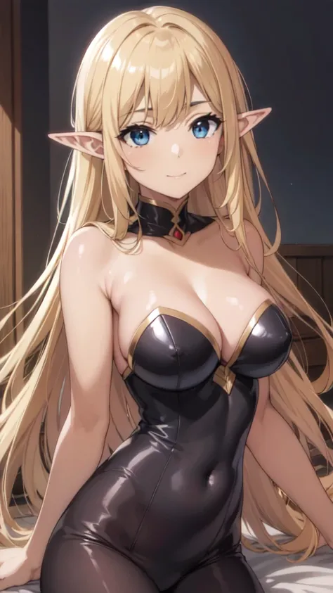 (Upper Body:1.4),(masterpiece:1.4),Medium Shot,anime,masterpiece,gravure, 8K,Realistic, Beautiful woman,An elegant and mature elven woman, Elf Ears,blue eyes,Place your arms behind your head,(美的animeの目:1.4),Large Breasts,blonde, (Black bodysuit), smile,Bea...