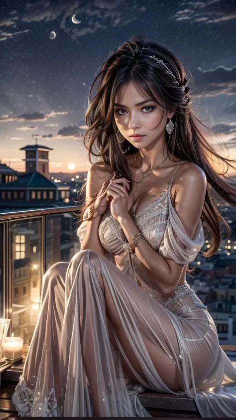 (32k:1.5, Highest quality, masterpiece, Ultra-high resolution), Professional camera work:1.6, Very detailedな肌と顔の質感:1.3, Captivating portrait:1.3, Very accurate, Very detailed, 1 adult female, ((Amazing night view from the rooftop, The moonlight at night il...