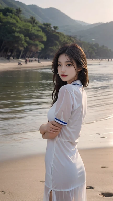 1 Girl,Beach,Soft Light,Chinese Beauty,cheongsam,Dark-haired,long hair