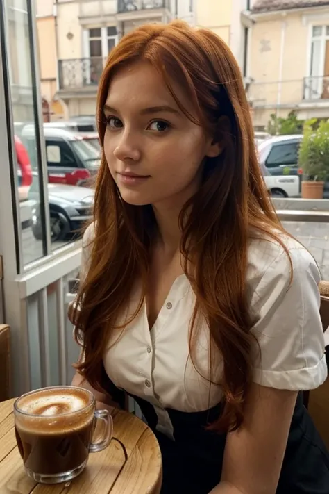 Jeune fille rousse, aux cheveux roux, ultra réalisme, buvant un café, en regardant par la fenêtre