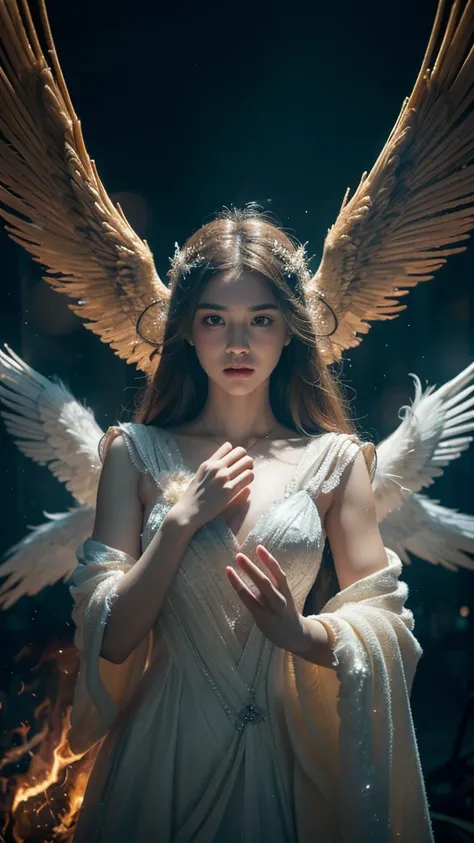 A photorealistic portrait of an avenging angel, their face etched with righteous fury and unwavering determination. Their eyes burn with a fiery intensity, casting a menacing glow upon their surroundings. Their wings, a majestic expanse of feathers, are sp...