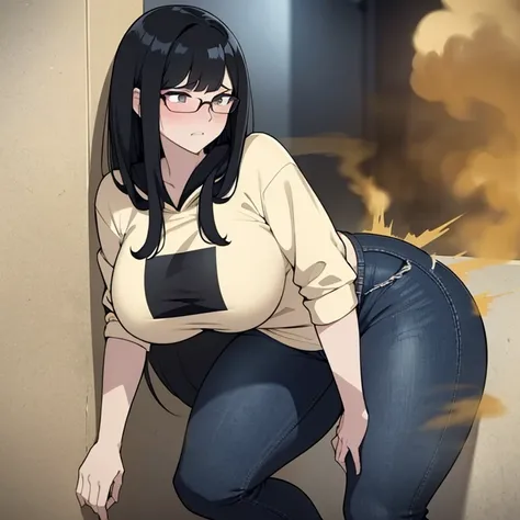 solo,beautiful lighting,1female,((black hair, sideswept hair bang,long hair)),pale skin ,glasses, hoodie tshirt, blue jeans, massive fart, yellow smoke rising, blush, clenching teeth, leaning on wall, bend over, alone in a mall, TEXT:PHHHRRRRAAAP!!